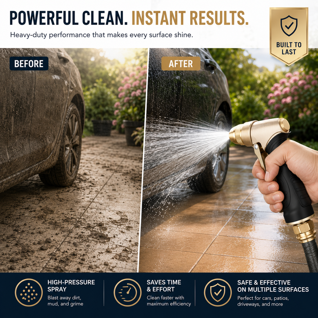 Heavy-Duty Metal Garden Hose Nozzle for Watering – 4 Spray Patterns for Car Wash & Yard Cleaning