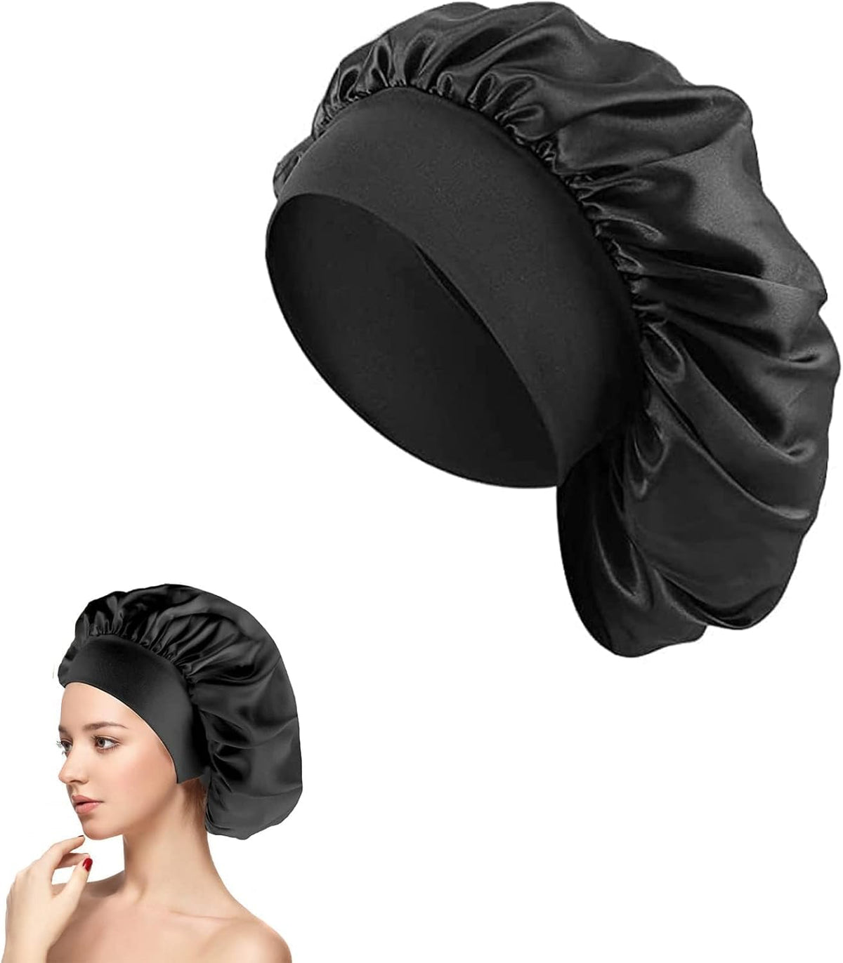 JEOPKO Silk Hair Bonnet for Sleeping – Satin Sleep Cap for Women & Girls, Elastic Night Hair Wrap for Curly, Natural, and Black Hair – 1pc Sleeping Head Cover for Hair Care (Black)