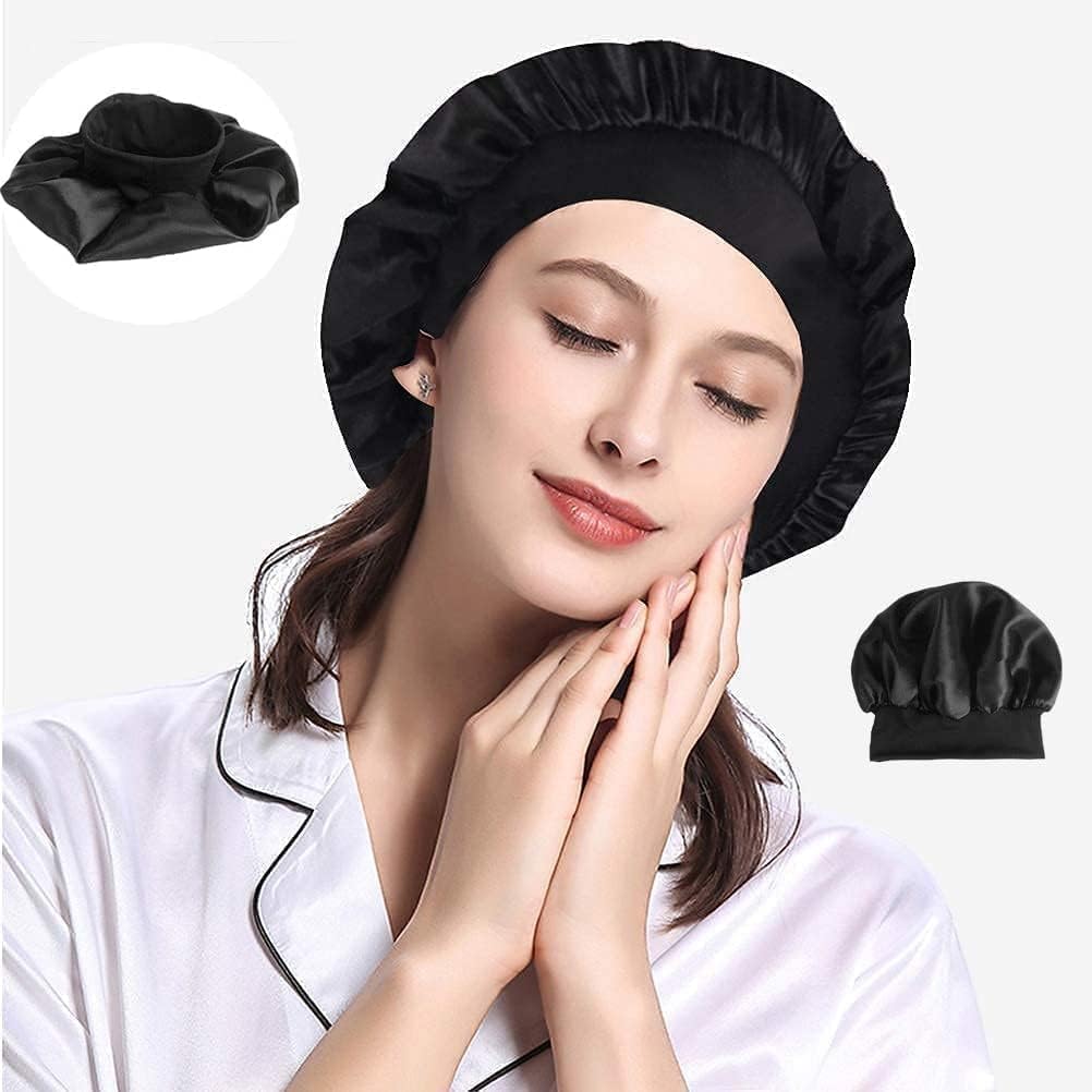 JEOPKO Silk Hair Bonnet for Sleeping – Satin Sleep Cap for Women & Girls, Elastic Night Hair Wrap for Curly, Natural, and Black Hair – 1pc Sleeping Head Cover for Hair Care (Black)