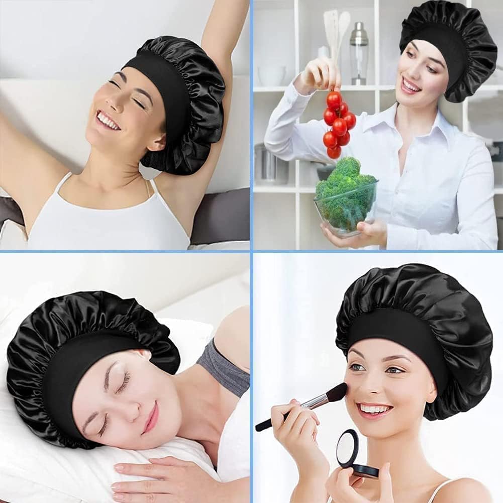 JEOPKO Silk Hair Bonnet for Sleeping – Satin Sleep Cap for Women & Girls, Elastic Night Hair Wrap for Curly, Natural, and Black Hair – 1pc Sleeping Head Cover for Hair Care (Black)