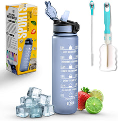 K-MART 32oz Sports Water Bottle with Straw & Time Markings – BPA-Free, Eco-Friendly, Motivational Bottle for Gym, Running, Yoga & Outdoor Use (Style-1, Grey)