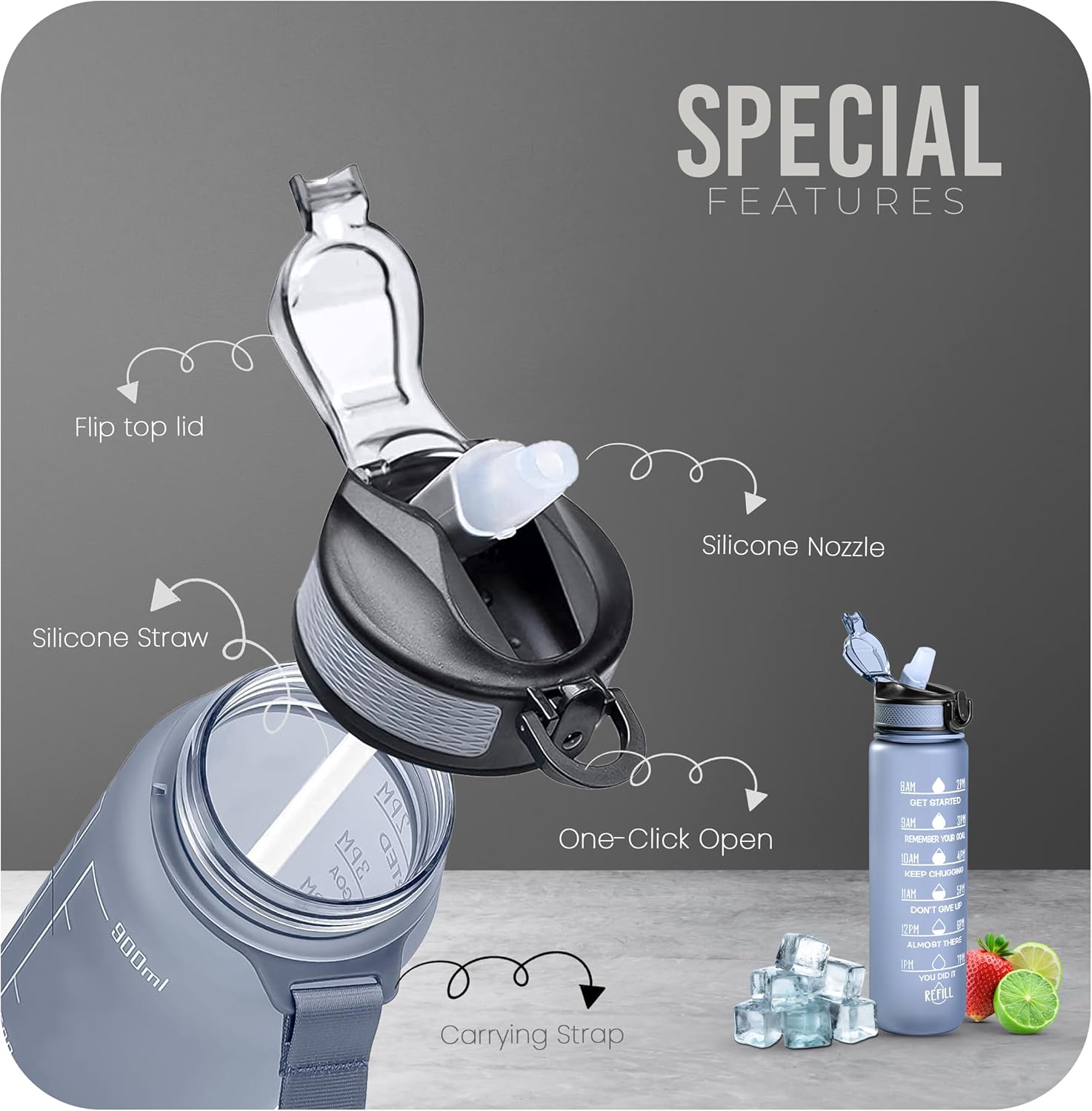 K-MART 32oz Sports Water Bottle with Straw & Time Markings – BPA-Free, Eco-Friendly, Motivational Bottle for Gym, Running, Yoga & Outdoor Use (Style-1, Grey)