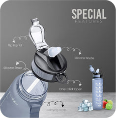 K-MART 32oz Sports Water Bottle with Straw & Time Markings – BPA-Free, Eco-Friendly, Motivational Bottle for Gym, Running, Yoga & Outdoor Use (Style-1, Grey)
