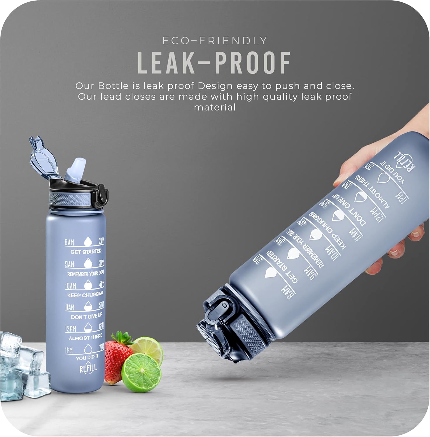 K-MART 32oz Sports Water Bottle with Straw & Time Markings – BPA-Free, Eco-Friendly, Motivational Bottle for Gym, Running, Yoga & Outdoor Use (Style-1, Grey)