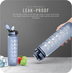 K-MART 32oz Sports Water Bottle with Straw & Time Markings – BPA-Free, Eco-Friendly, Motivational Bottle for Gym, Running, Yoga & Outdoor Use (Style-1, Grey)