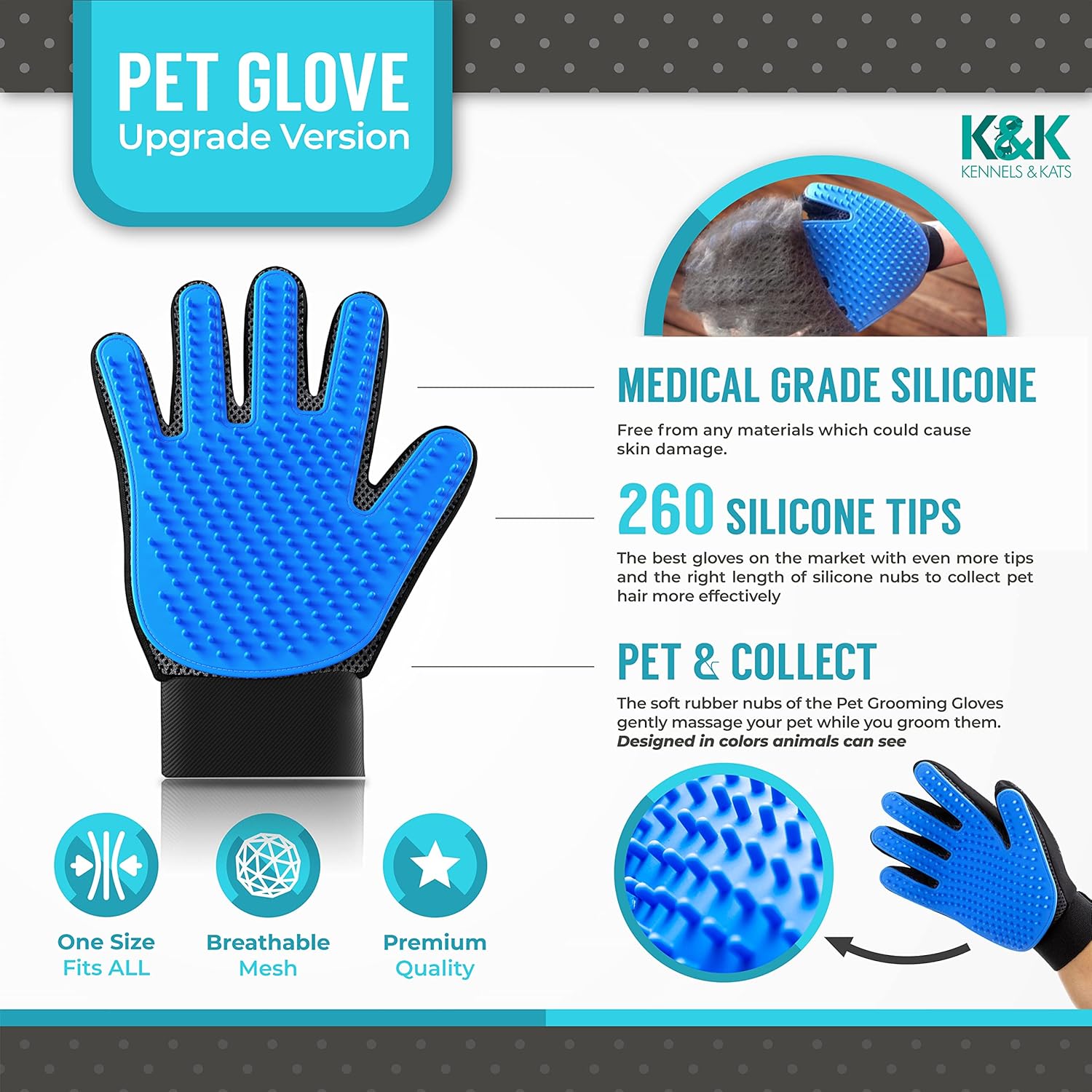 KENNELS & KATS Pet Grooming Glove – Premium Deshedding Brush Mitt with 260 Tips for Dogs, Cats, Rabbits & Horses – Ideal for Long, Short, or Curly Hair