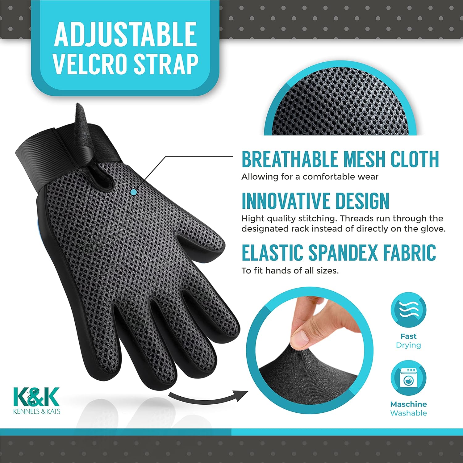 KENNELS & KATS Pet Grooming Glove – Premium Deshedding Brush Mitt with 260 Tips for Dogs, Cats, Rabbits & Horses – Ideal for Long, Short, or Curly Hair