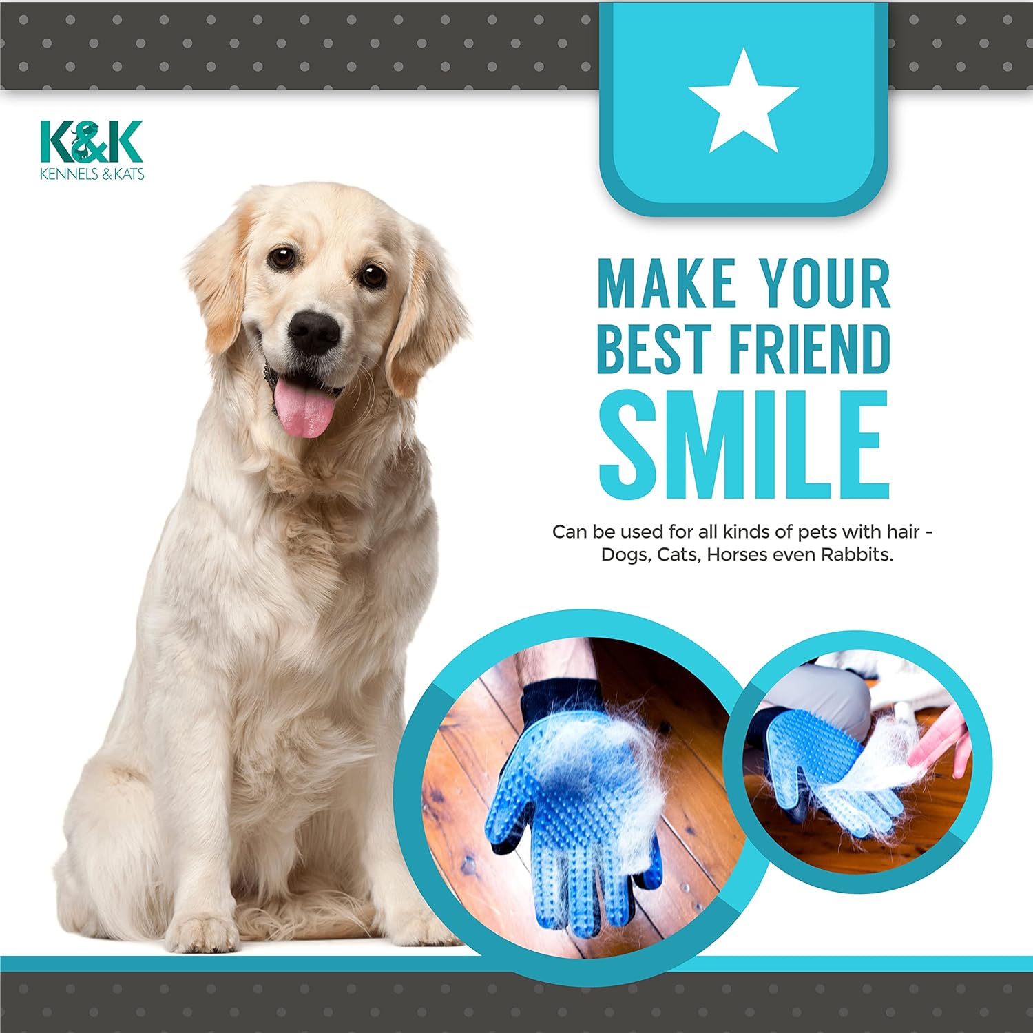 KENNELS & KATS Pet Grooming Glove – Premium Deshedding Brush Mitt with 260 Tips for Dogs, Cats, Rabbits & Horses – Ideal for Long, Short, or Curly Hair