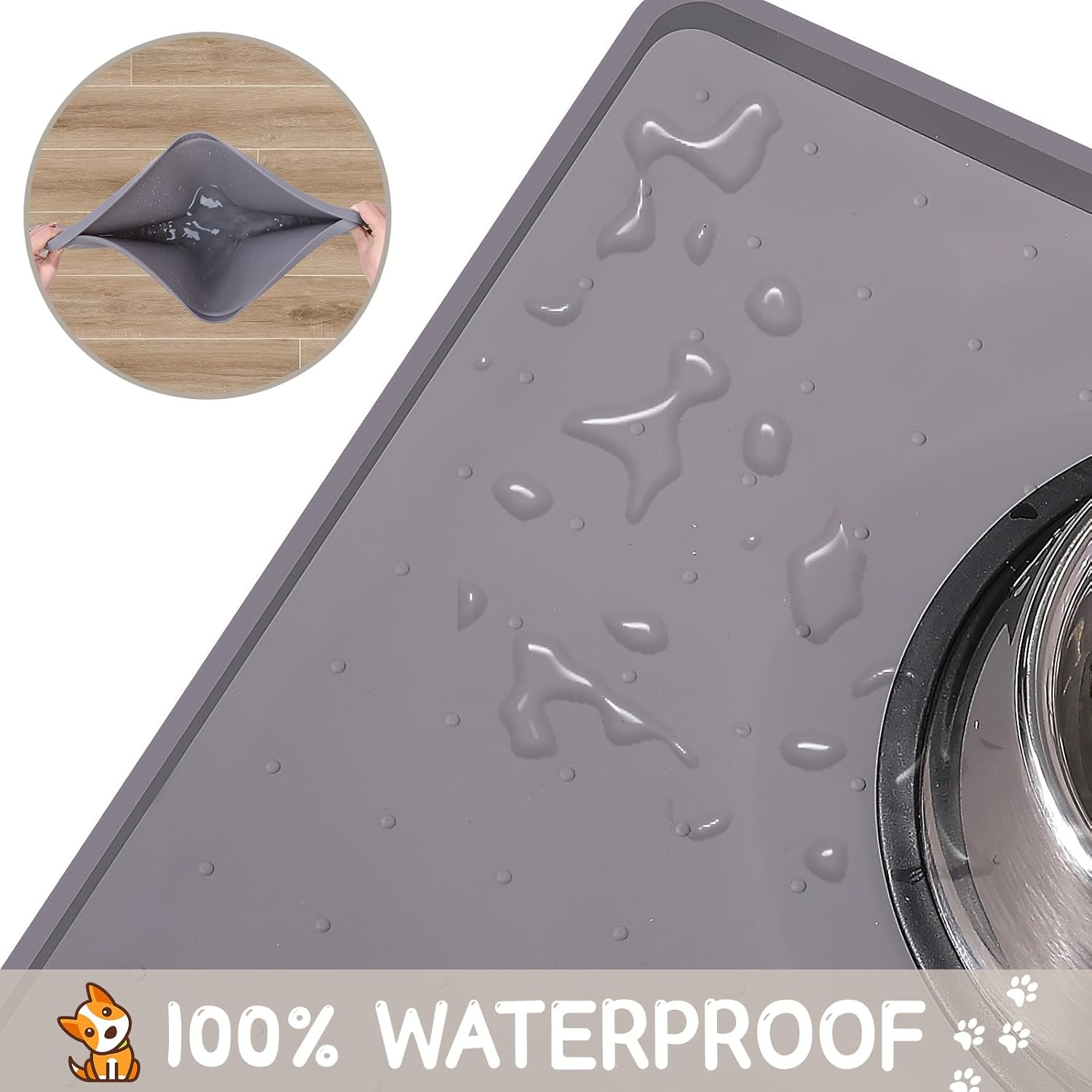 MateeyLife Silicone Pet Food Mat – Waterproof, Anti-Slip Feeding Mat with Raised Edges for Dogs & Cats – Floor Protector for Food & Water Spills
