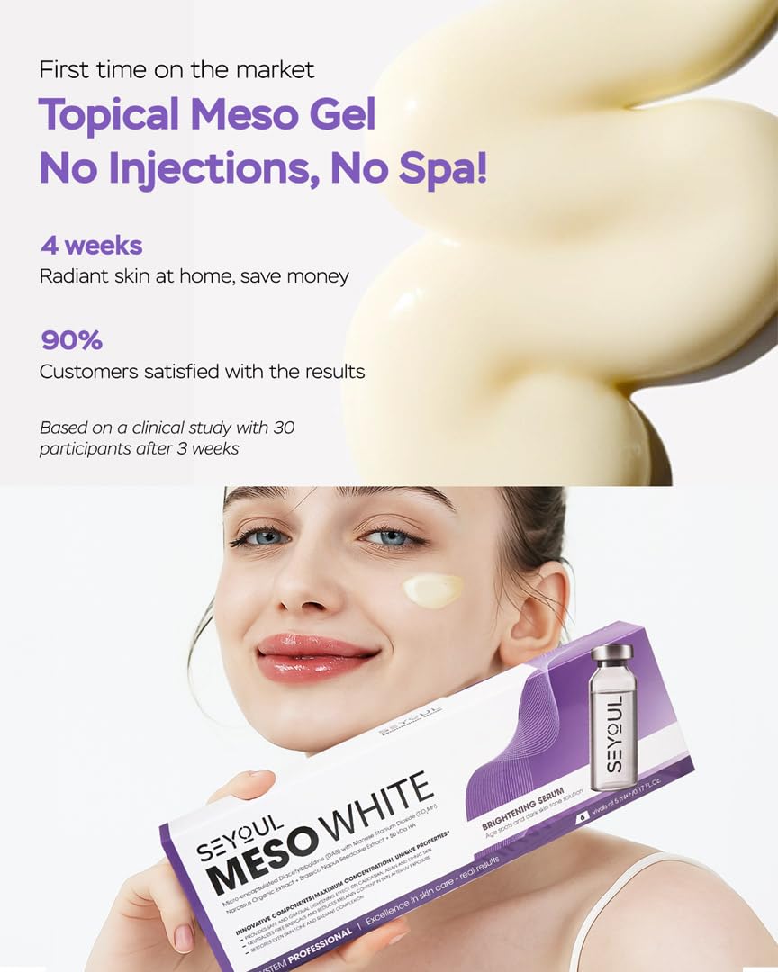 Meso White Facial Serum Ampoules with Niacinamide, Peptides & Collagen – Hydrating & Tone-Refining Skincare Set, 6 Vials (0.17 fl oz Each)