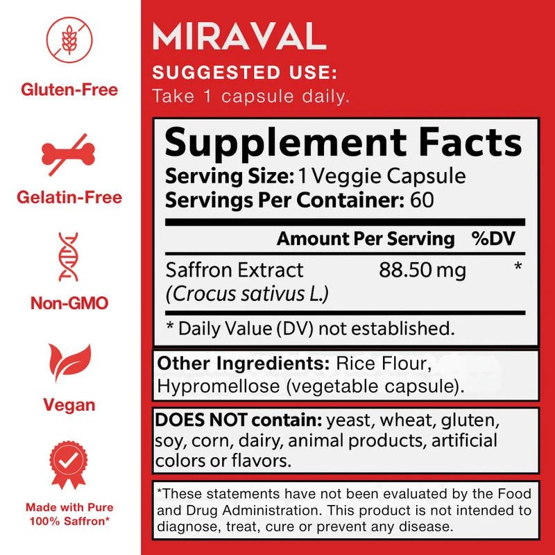 Miraval Organic Saffron Capsules 88.5mg — Natural Mood Support, Stress Relief & Energy Booster | Herbal Supplement for Wellness & Fitness, Healthcare