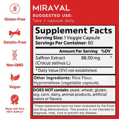 Miraval Organic Saffron Capsules 88.5mg — Natural Mood Support, Stress Relief & Energy Booster | Herbal Supplement for Wellness & Fitness, Healthcare