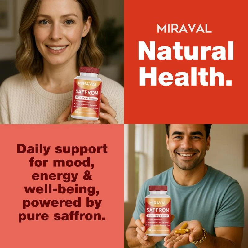 Miraval Organic Saffron Capsules 88.5mg — Natural Mood Support, Stress Relief & Energy Booster | Herbal Supplement for Wellness & Fitness, Healthcare