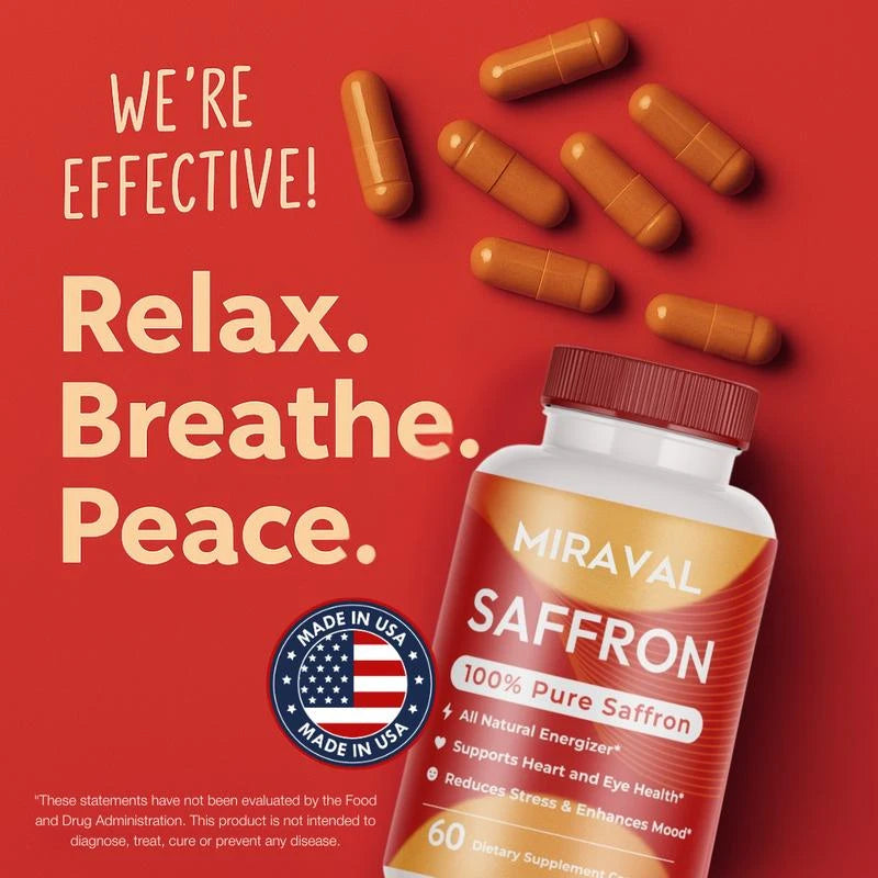 Miraval Organic Saffron Capsules 88.5mg — Natural Mood Support, Stress Relief & Energy Booster | Herbal Supplement for Wellness & Fitness, Healthcare