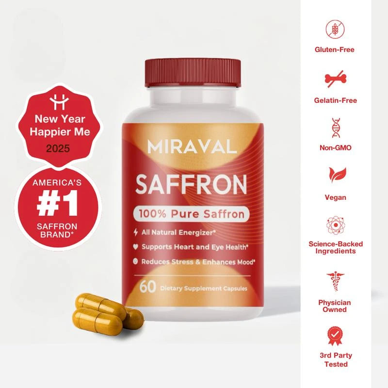 Miraval Organic Saffron Capsules 88.5mg — Natural Mood Support, Stress Relief & Energy Booster | Herbal Supplement for Wellness & Fitness, Healthcare