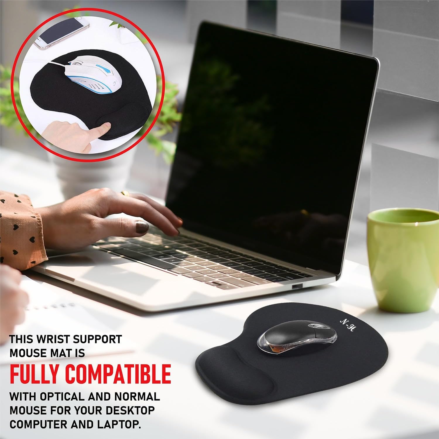 New Horrizon Black Gel Mouse Pad with Wrist Support – Anti-Slip Comfort Mat for PC & Laptop – Compatible with Optical & Laser Mice