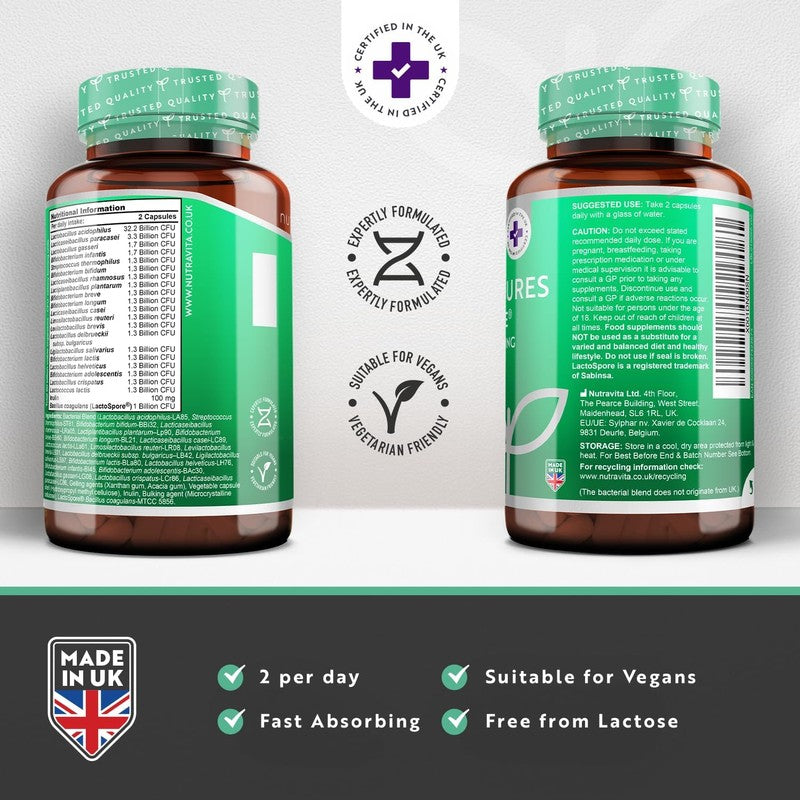 Nutravita Probiotic Supplement – 60 Billion CFU Cultures for Gut Health, Vegan-Friendly