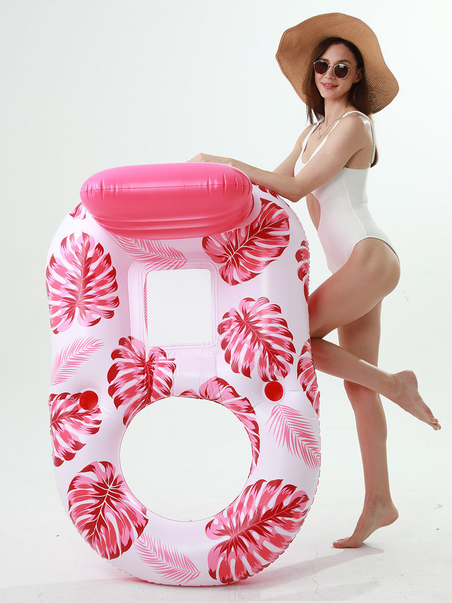 Amazon cross-border supply 110cm backrest leaf print enlarged swimming ring, water inflatable lounge chair floating batch
