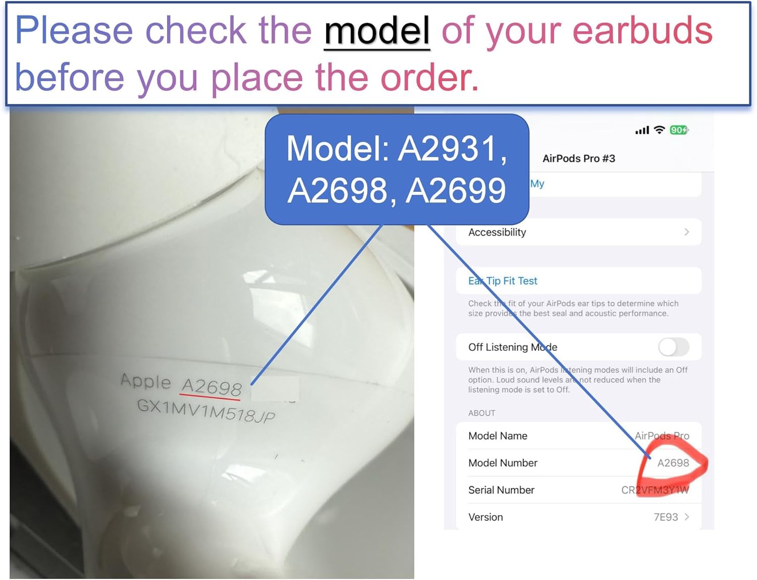 OEM A2931, A2698, A2699 Single Right Earbuds Replacement for AirPod Pro (2nd Generation), One Right Ear Side Only, A2700, Compatible with Original AirPods Pro 2