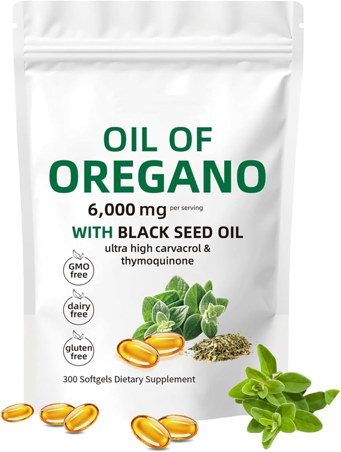 Oregano Oil Capsules,Oregano Oil and Black Seed Oil Complex, 2-in-1 Supplement, 6000mg per Serving, 300 Softgels, Non-GMO