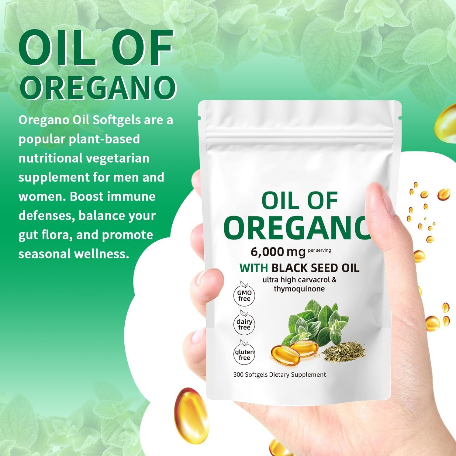 Oregano Oil Capsules,Oregano Oil and Black Seed Oil Complex, 2-in-1 Supplement, 6000mg per Serving, 300 Softgels, Non-GMO