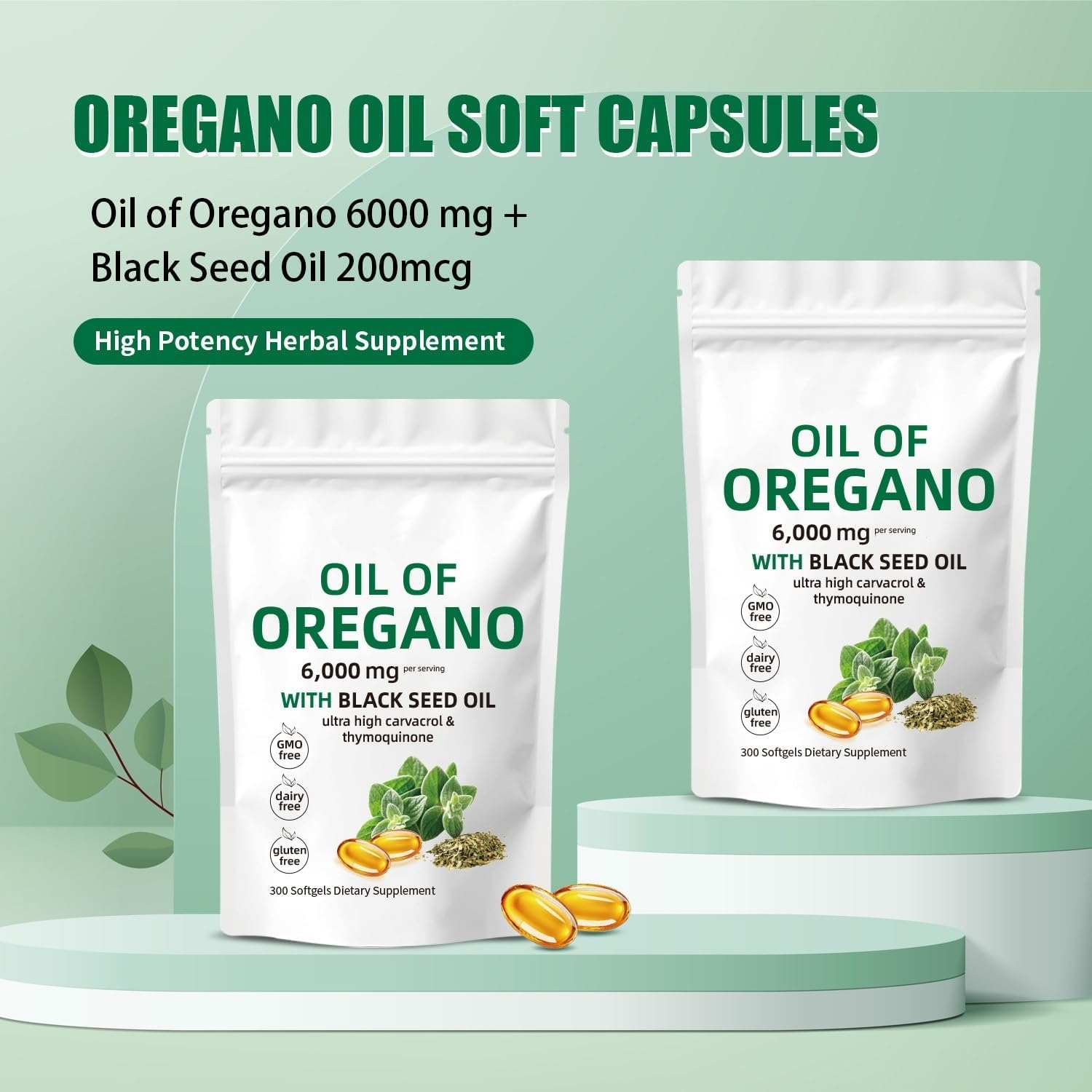 Oregano Oil Capsules,Oregano Oil and Black Seed Oil Complex, 2-in-1 Supplement, 6000mg per Serving, 300 Softgels, Non-GMO