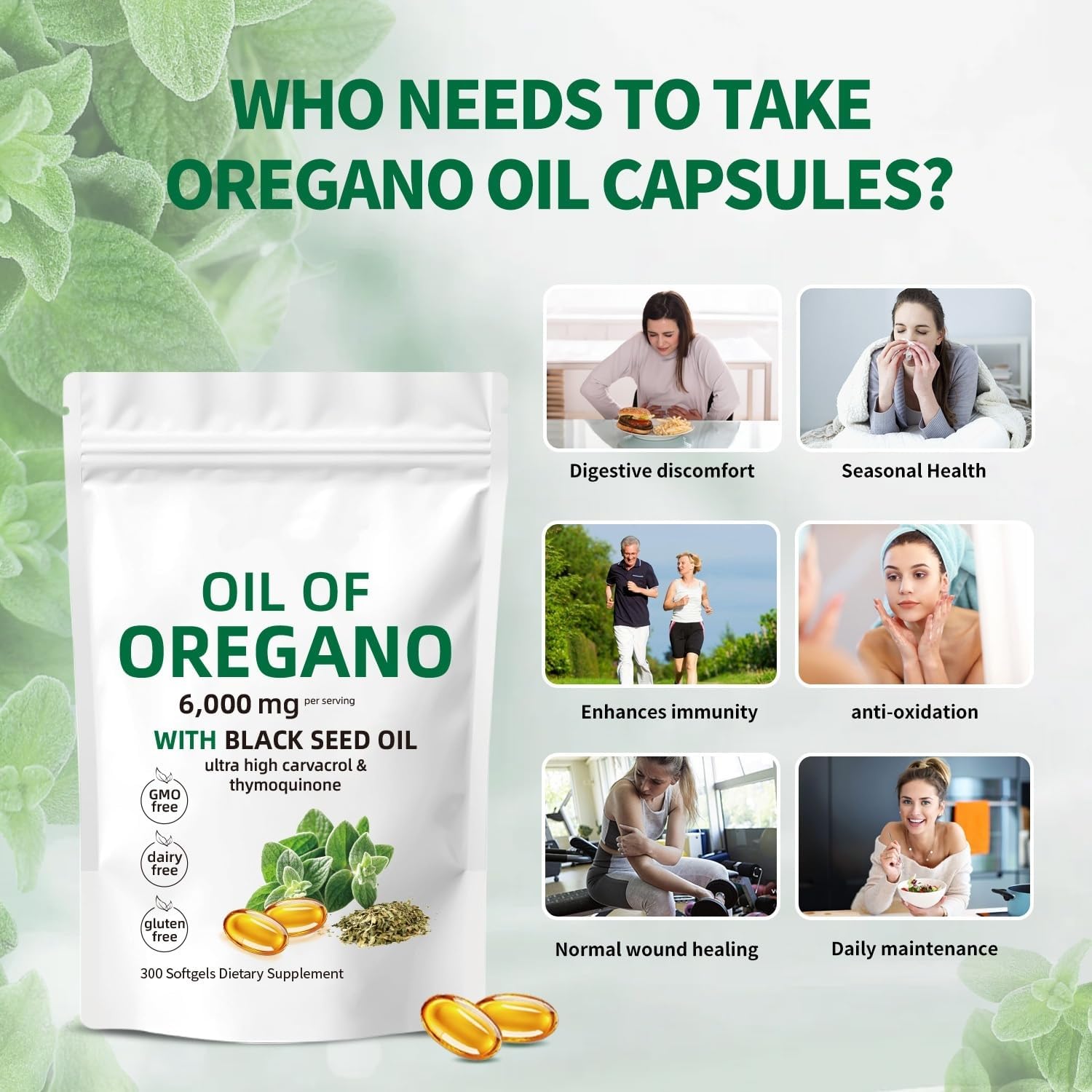 Oregano Oil Capsules,Oregano Oil and Black Seed Oil Complex, 2-in-1 Supplement, 6000mg per Serving, 300 Softgels, Non-GMO