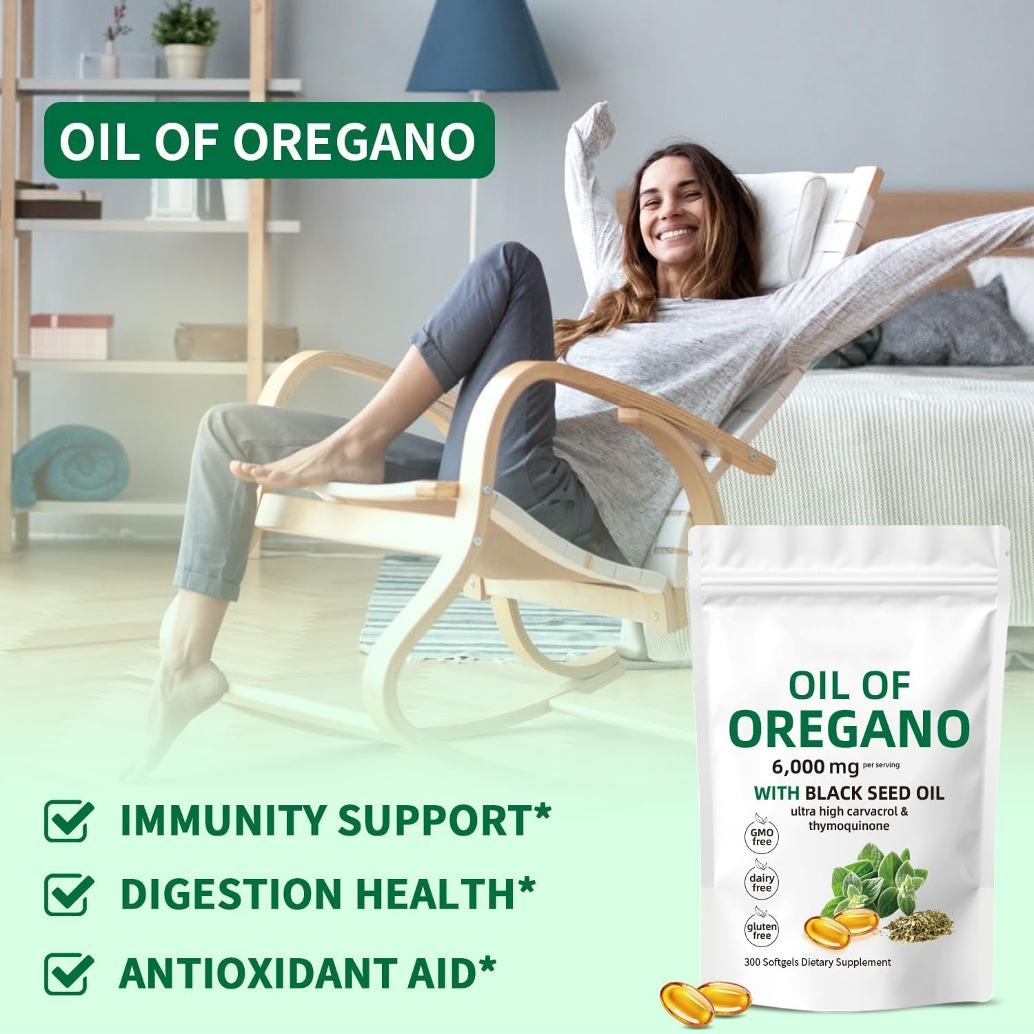 Oregano Oil Capsules,Oregano Oil and Black Seed Oil Complex, 2-in-1 Supplement, 6000mg per Serving, 300 Softgels, Non-GMO