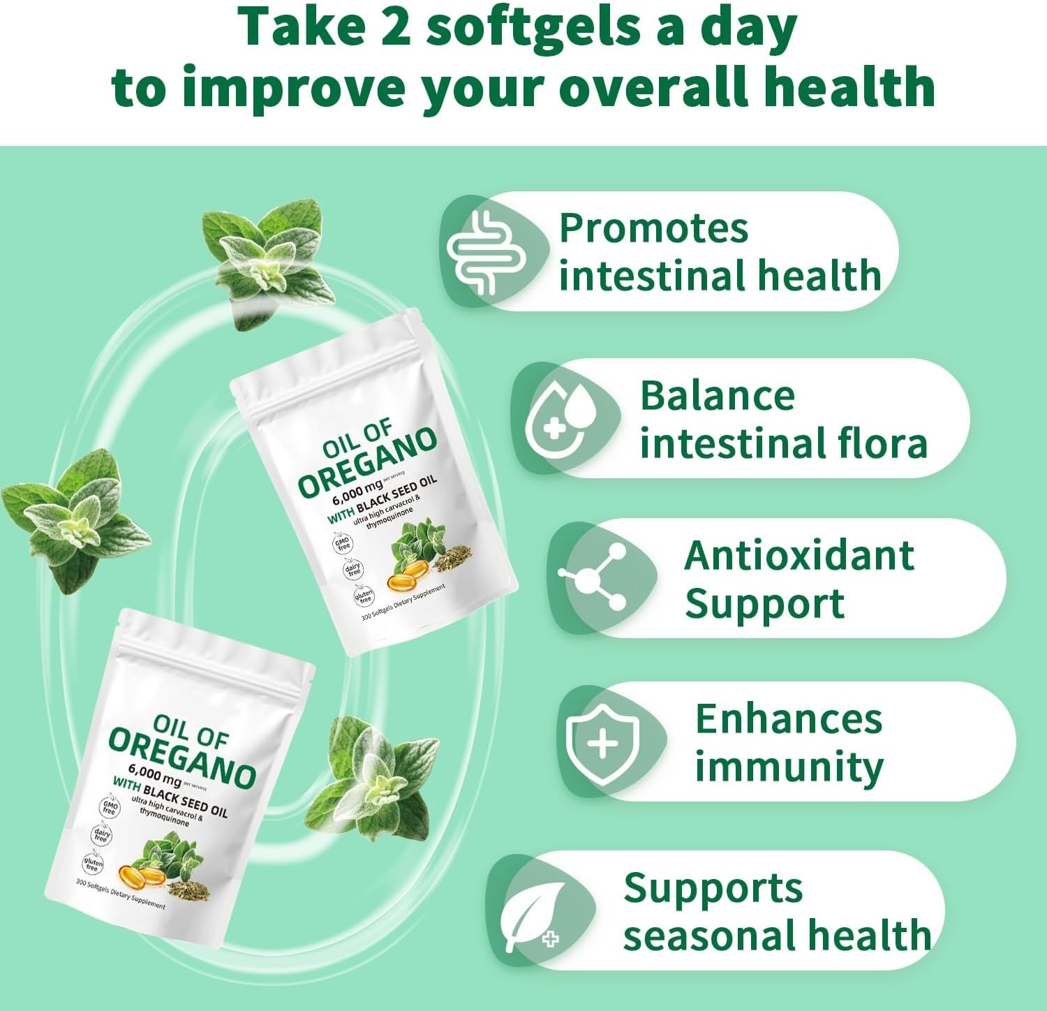 Oregano Oil Capsules,Oregano Oil and Black Seed Oil Complex, 2-in-1 Supplement, 6000mg per Serving, 300 Softgels, Non-GMO