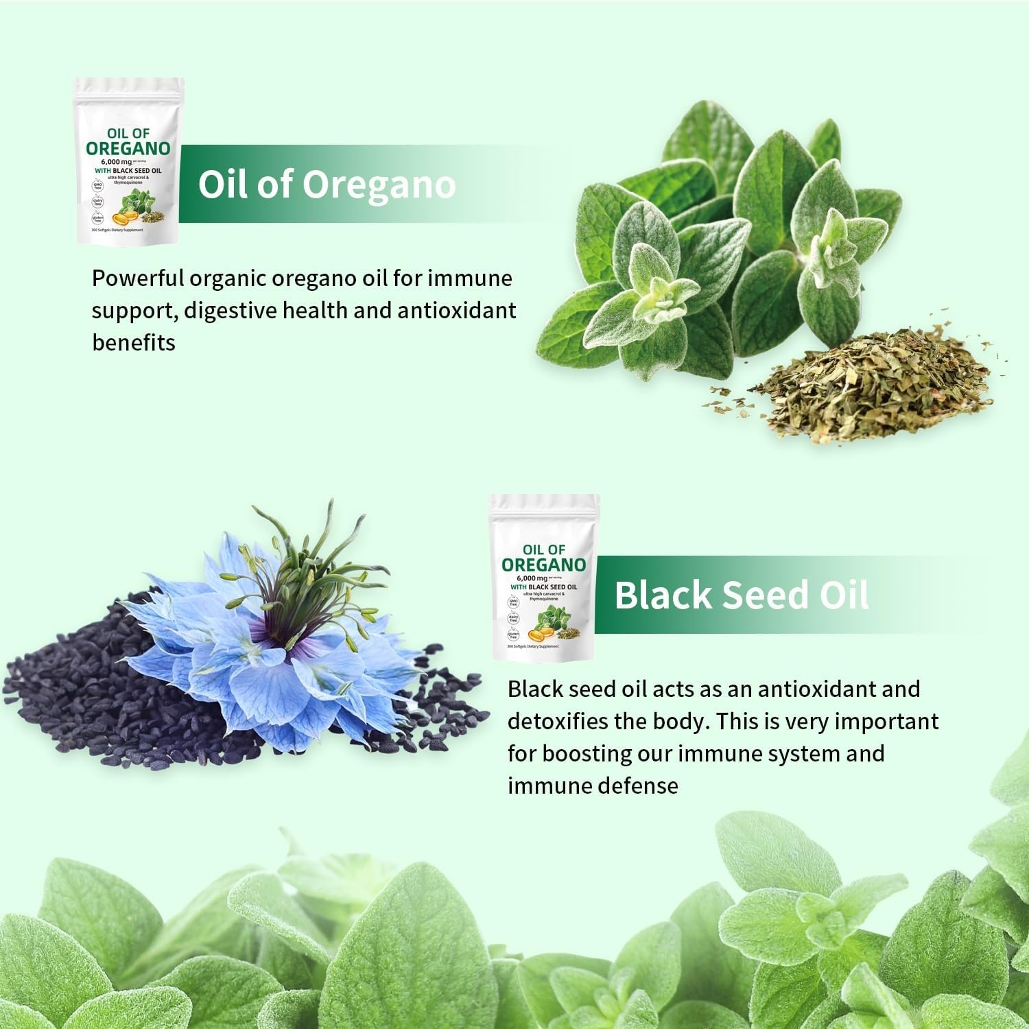 Oregano Oil Capsules,Oregano Oil and Black Seed Oil Complex, 2-in-1 Supplement, 6000mg per Serving, 300 Softgels, Non-GMO