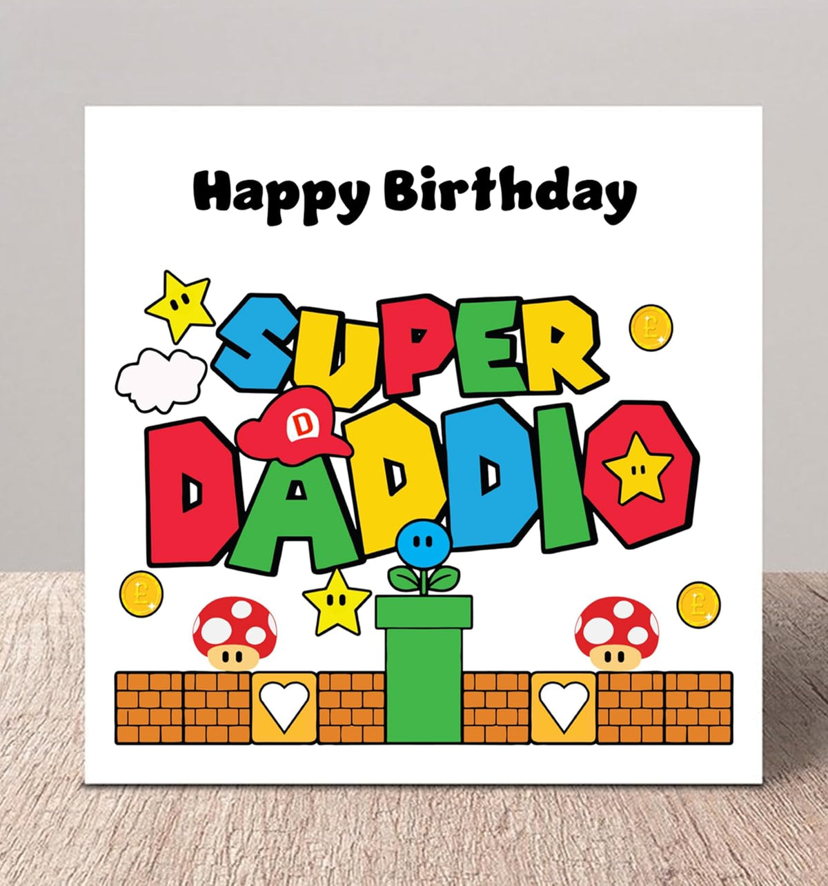 Printperfect Funny Daddy Birthday Card – Super Daddio Mario-Inspired Design – Happy Birthday Dad from Son or Daughter – Red Envelope Included