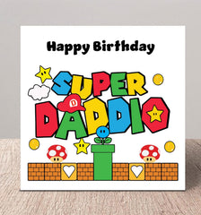 Printperfect Funny Daddy Birthday Card – Super Daddio Mario-Inspired Design – Happy Birthday Dad from Son or Daughter – Red Envelope Included