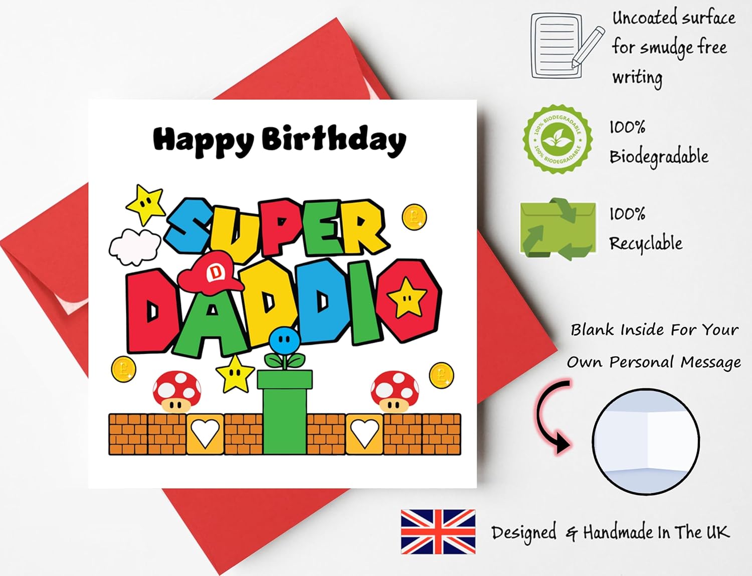 Printperfect Funny Daddy Birthday Card – Super Daddio Mario-Inspired Design – Happy Birthday Dad from Son or Daughter – Red Envelope Included