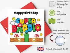 Printperfect Funny Daddy Birthday Card – Super Daddio Mario-Inspired Design – Happy Birthday Dad from Son or Daughter – Red Envelope Included
