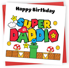Printperfect Funny Daddy Birthday Card – Super Daddio Mario-Inspired Design – Happy Birthday Dad from Son or Daughter – Red Envelope Included