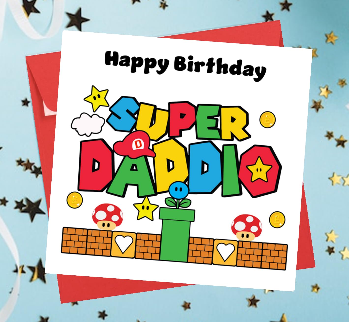 Printperfect Funny Daddy Birthday Card – Super Daddio Mario-Inspired Design – Happy Birthday Dad from Son or Daughter – Red Envelope Included