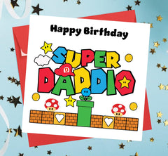 Printperfect Funny Daddy Birthday Card – Super Daddio Mario-Inspired Design – Happy Birthday Dad from Son or Daughter – Red Envelope Included
