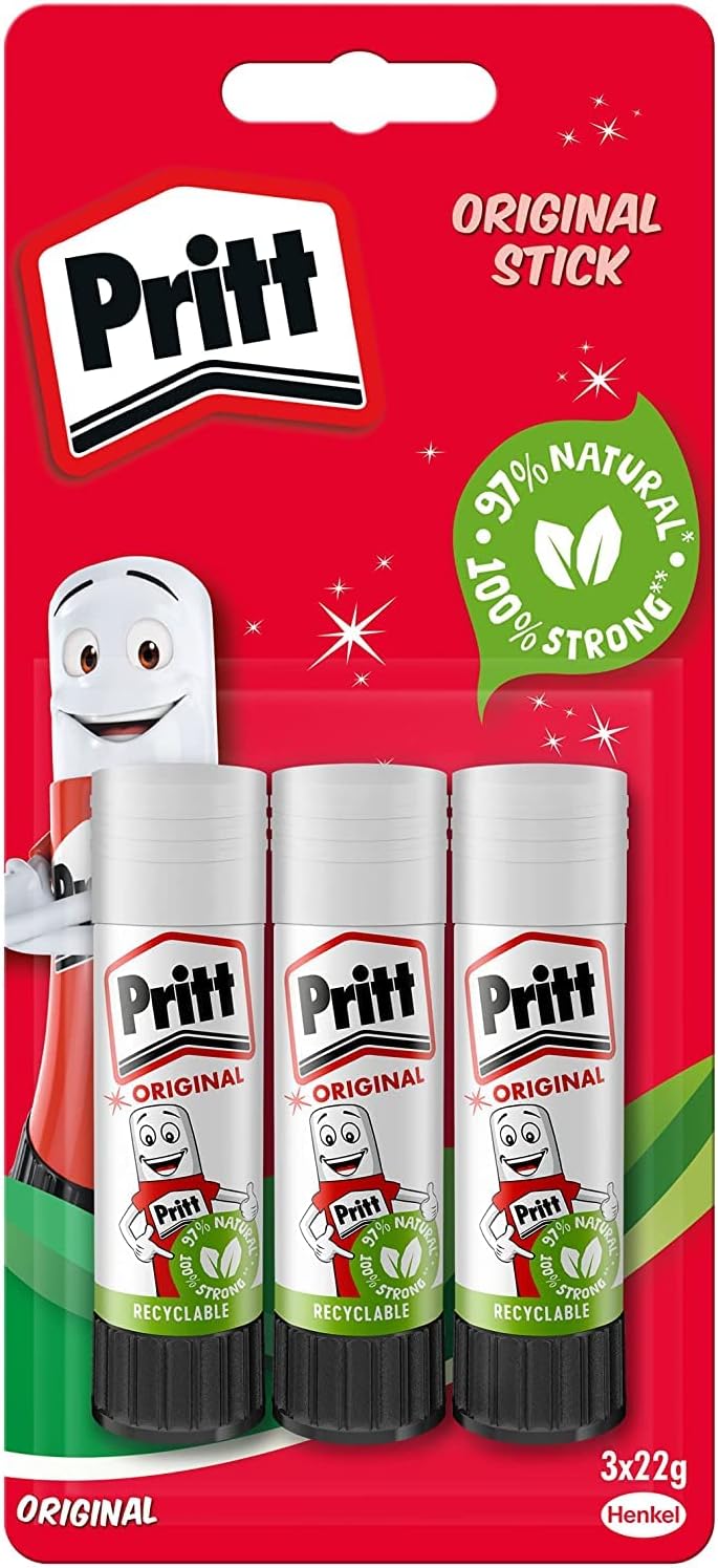 Pritt Glue Stick 22g, Pack of 3 – Child-Safe Craft Glue for School, Office & Art Projects with Strong Hold
