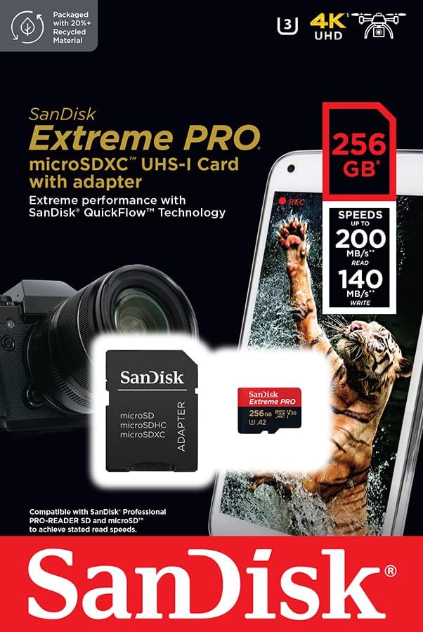 SanDisk Extreme PRO 256GB microSD UHS-I Card with Adapter – Up to 200MB/s, A2, U3, Class 10 – for Smartphones, Action Cams, and Drones + RescuePRO Deluxe