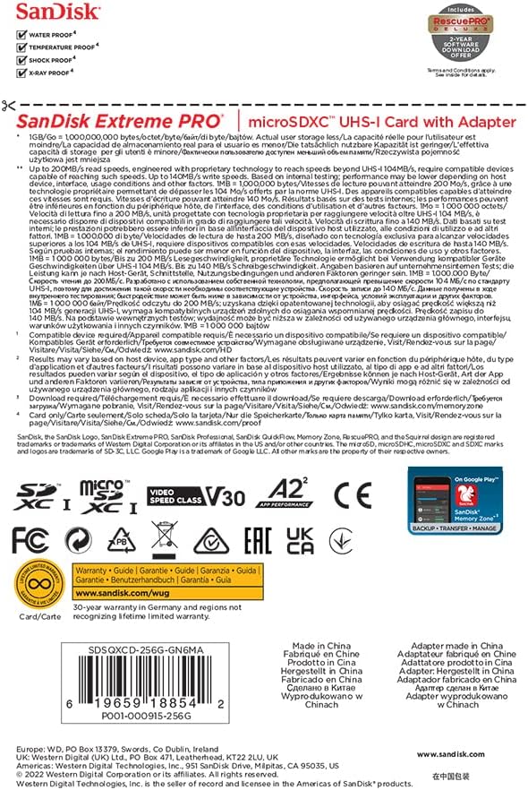 SanDisk Extreme PRO 256GB microSD UHS-I Card with Adapter – Up to 200MB/s, A2, U3, Class 10 – for Smartphones, Action Cams, and Drones + RescuePRO Deluxe