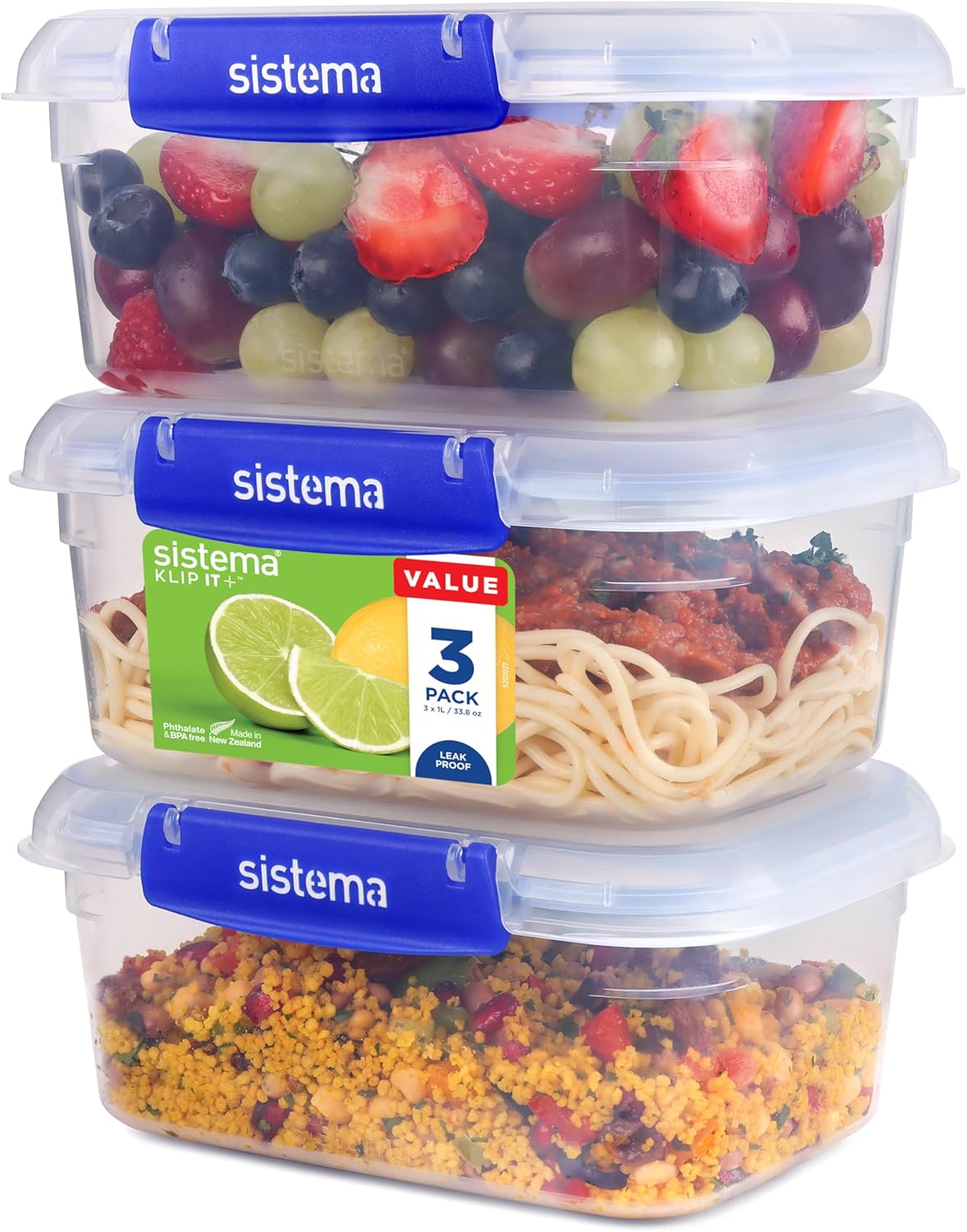 Sistema KLIP IT PLUS Food Storage Containers – 1L, Leakproof & Airtight, Stackable Meal Prep Lunch Boxes with Lids, BPA-Free, Pack of 3