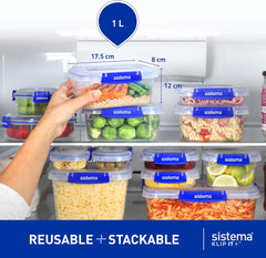 Sistema KLIP IT PLUS Food Storage Containers – 1L, Leakproof & Airtight, Stackable Meal Prep Lunch Boxes with Lids, BPA-Free, Pack of 3