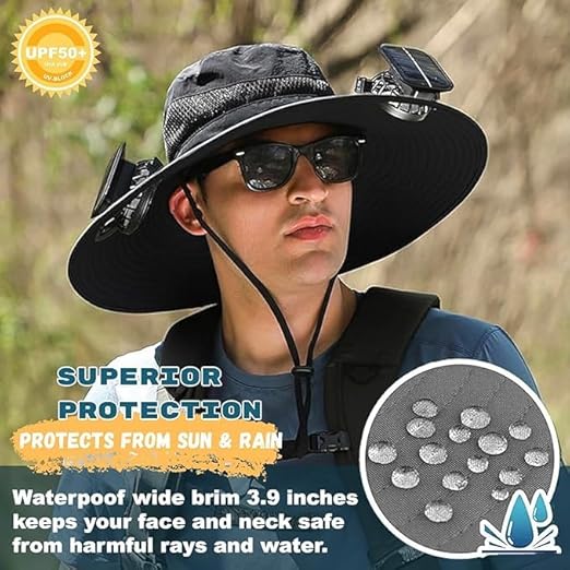Solar Fan Hat – Rechargeable Solar/USB Wide Brim Sun Hat with Built-in Fans, UPF 50+ Cooling Hat for Men & Women, Foldable Outdoor Fishing, Hiking, Gardening Hat (Dark Gray, Colorful)