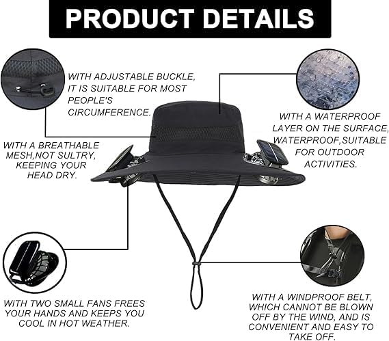 Solar Fan Hat – Rechargeable Solar/USB Wide Brim Sun Hat with Built-in Fans, UPF 50+ Cooling Hat for Men & Women, Foldable Outdoor Fishing, Hiking, Gardening Hat (Dark Gray, Colorful)