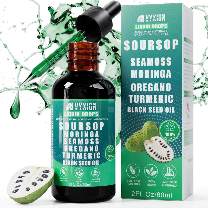 Soursop Bitters Liquid Drops – 10-in-1 Herbal Blend with Sea Moss, Moringa, Turmeric, Black Seed Oil, Oregano & Ashwagandha – Vegan, Non-GMO, 2 fl oz