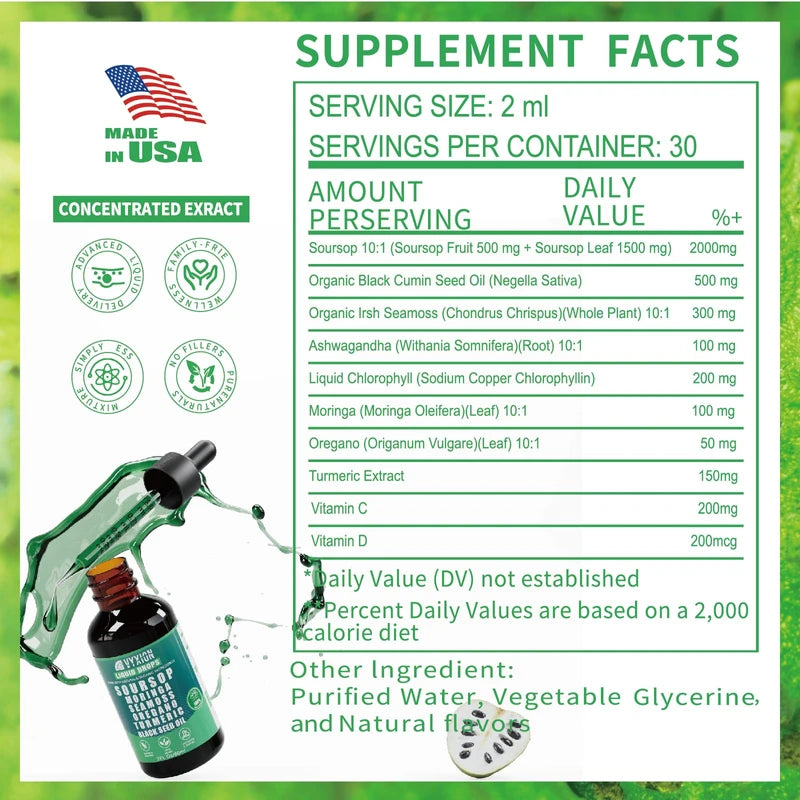 Soursop Bitters Liquid Drops – 10-in-1 Herbal Blend with Sea Moss, Moringa, Turmeric, Black Seed Oil, Oregano & Ashwagandha – Vegan, Non-GMO, 2 fl oz