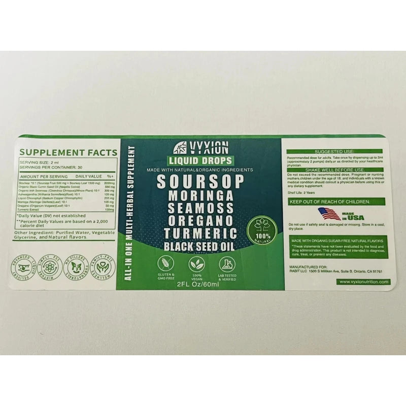 Soursop Bitters Liquid Drops – 10-in-1 Herbal Blend with Sea Moss, Moringa, Turmeric, Black Seed Oil, Oregano & Ashwagandha – Vegan, Non-GMO, 2 fl oz