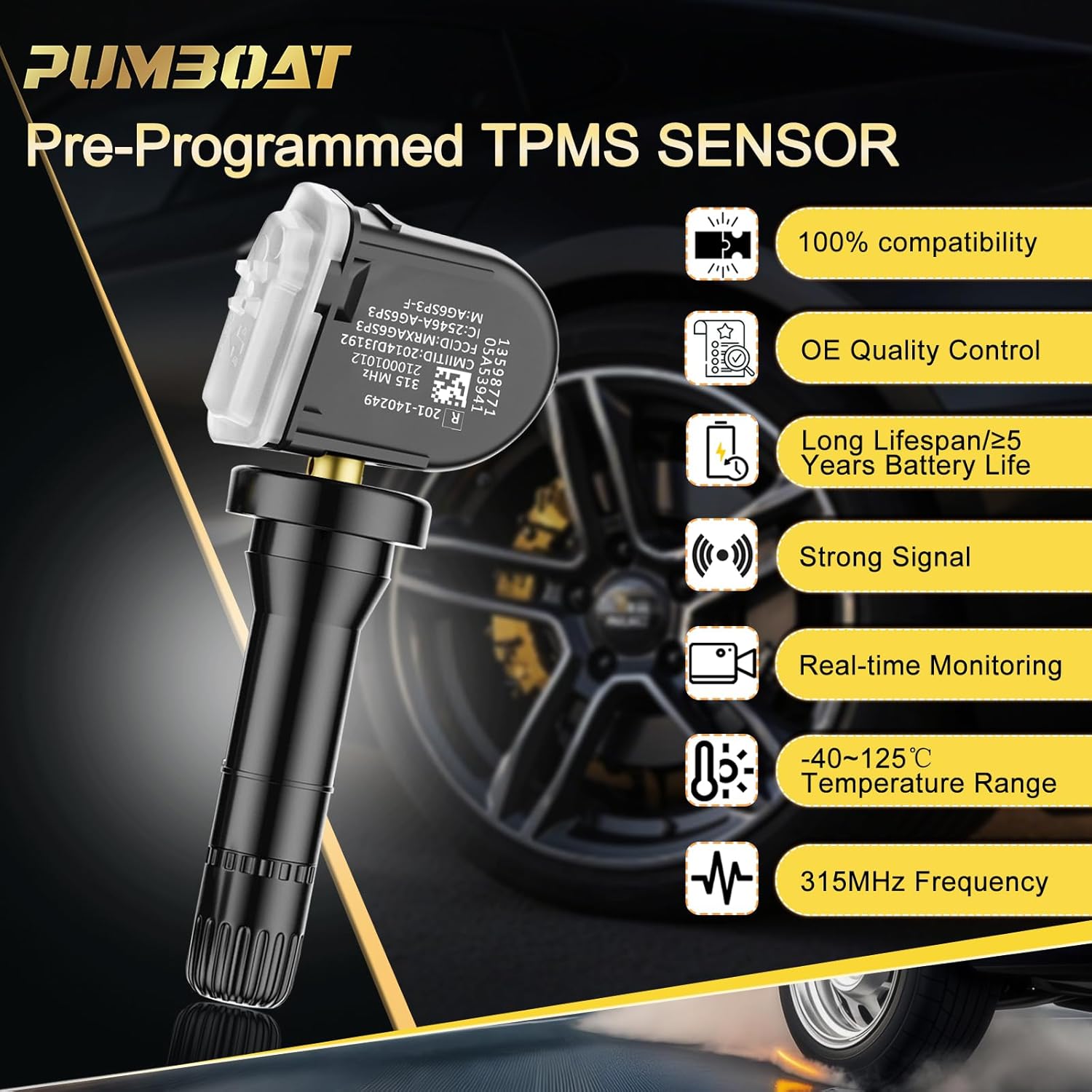 TPMS 315MHz GM Preprogrammed Tire Sensor Fits:-Chevrolet Silverado 07-19/Equinox 07-22/Tahoe 07-20/Traverse 09-17/:-Cadillac Escalade 07-20/-GMC Yukon 07-20/Sierra 07-19/OE#13598771(4 PCS)