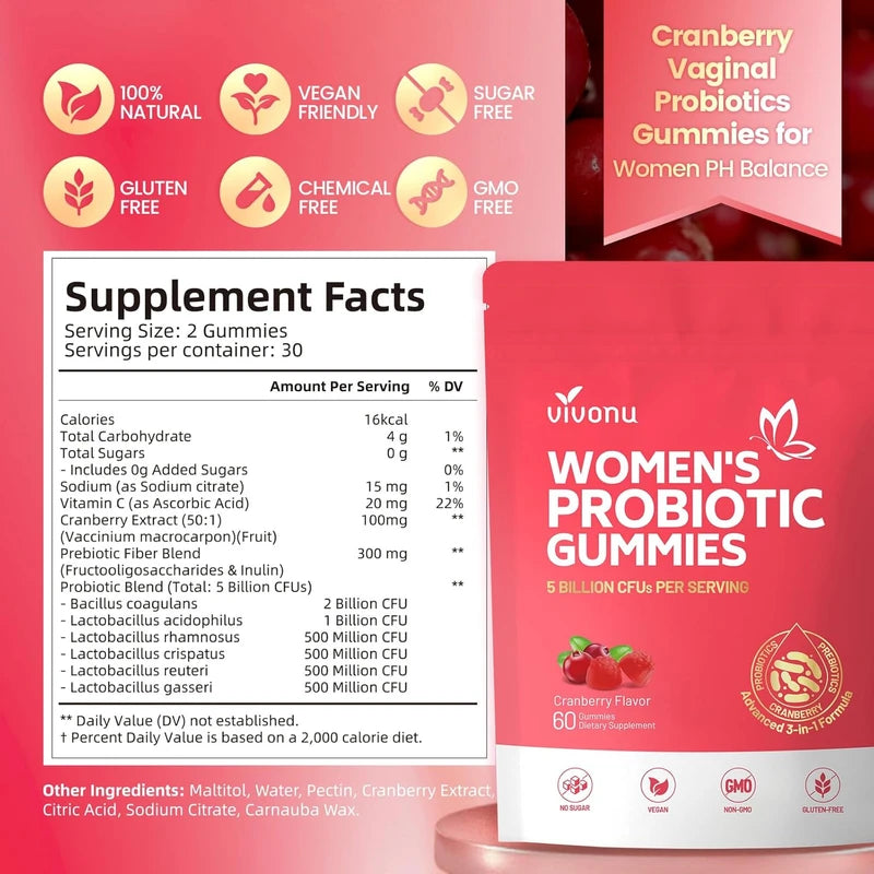 Women’s Probiotic Gummies – Vaginal pH & Flora Balance with Cranberry and Vitamin C for Odor, Yeast & Immune Support