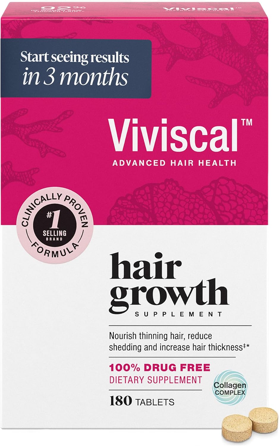 Viviscal Women’s Hair Growth Supplements – Thicker, Fuller Hair Support for Thinning & Hair Loss with Biotin & Marine Collagen – Drug-Free, 180 Tablets (90-Day Supply)